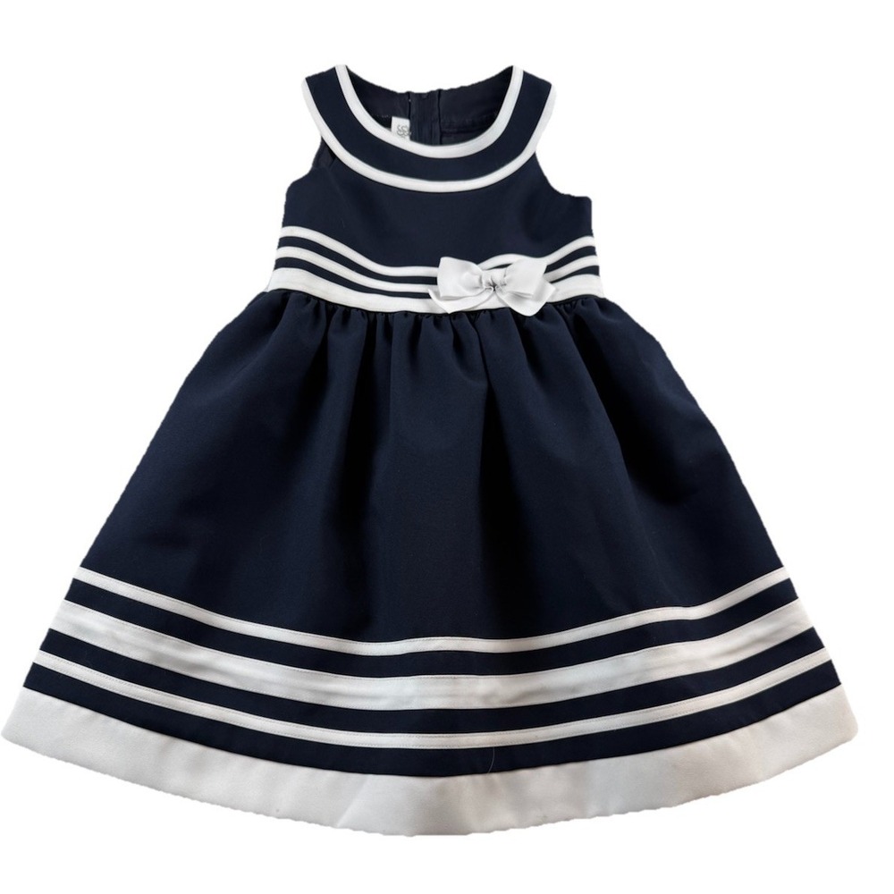 Bonnie Jean Sailor Dress Girls Size 5 Blue Nautical Sleeveless White Trim Bow